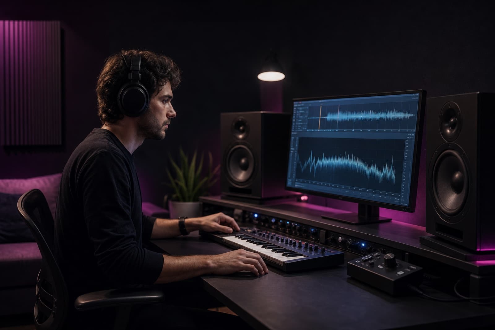 Music producer reviewing an AI Audio Mastering waveform in a studio