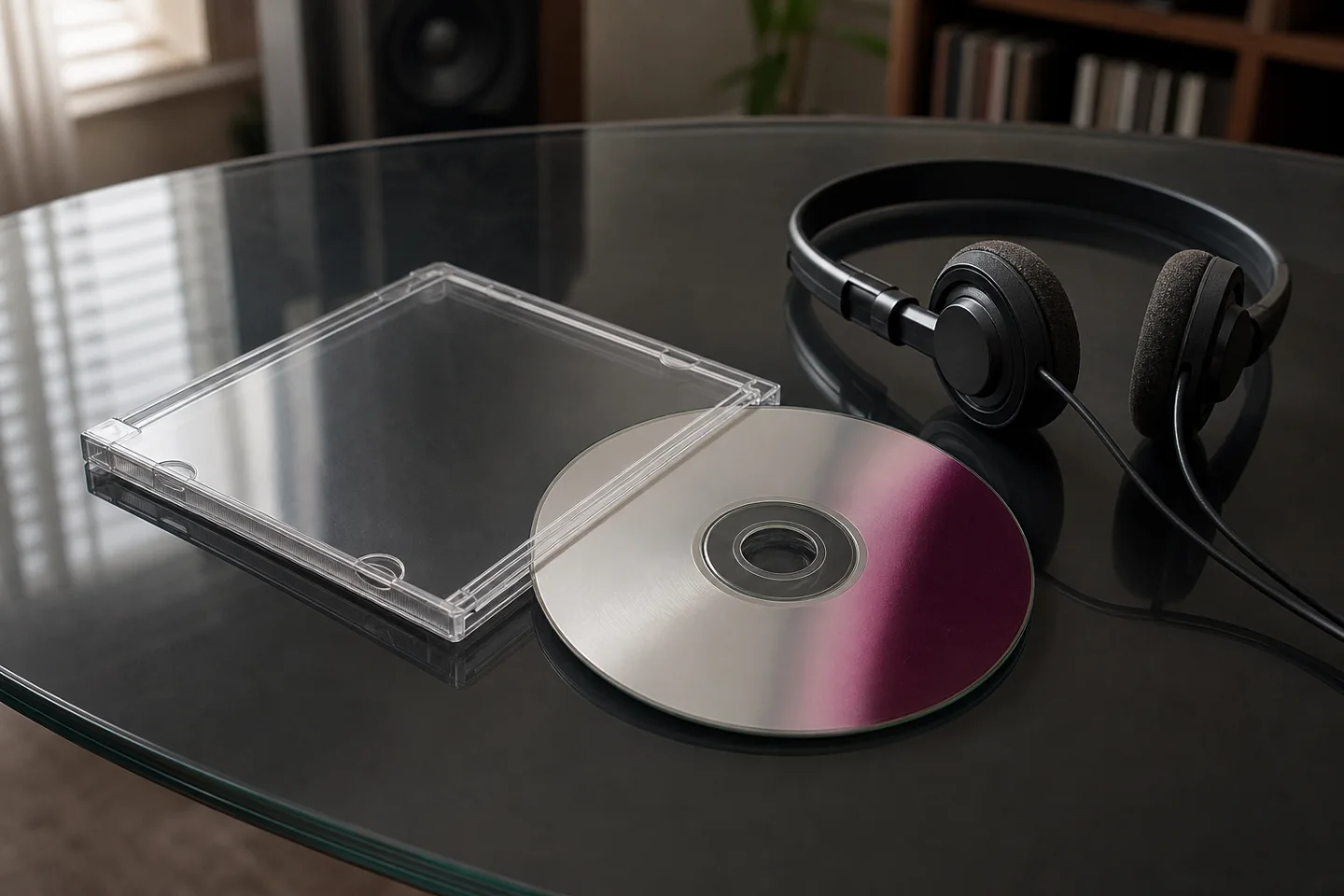 ガラステーブルに置かれた空の CD、透明ケース、有線ヘッドホン