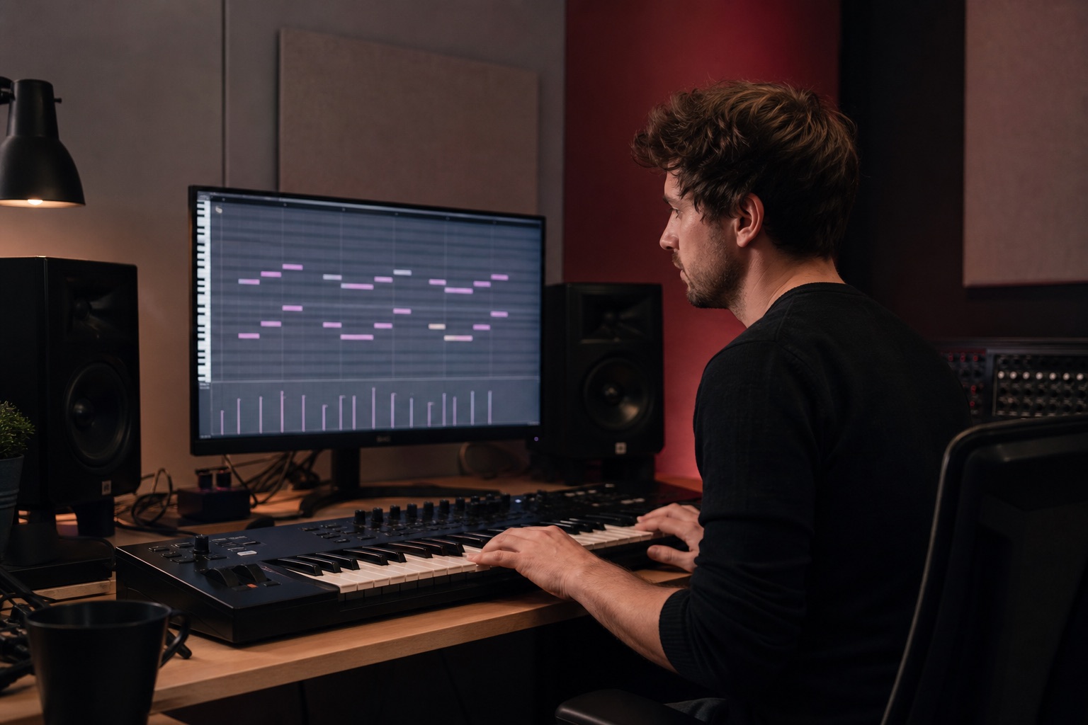 Music producer editing detected MIDI notes in a recording studio