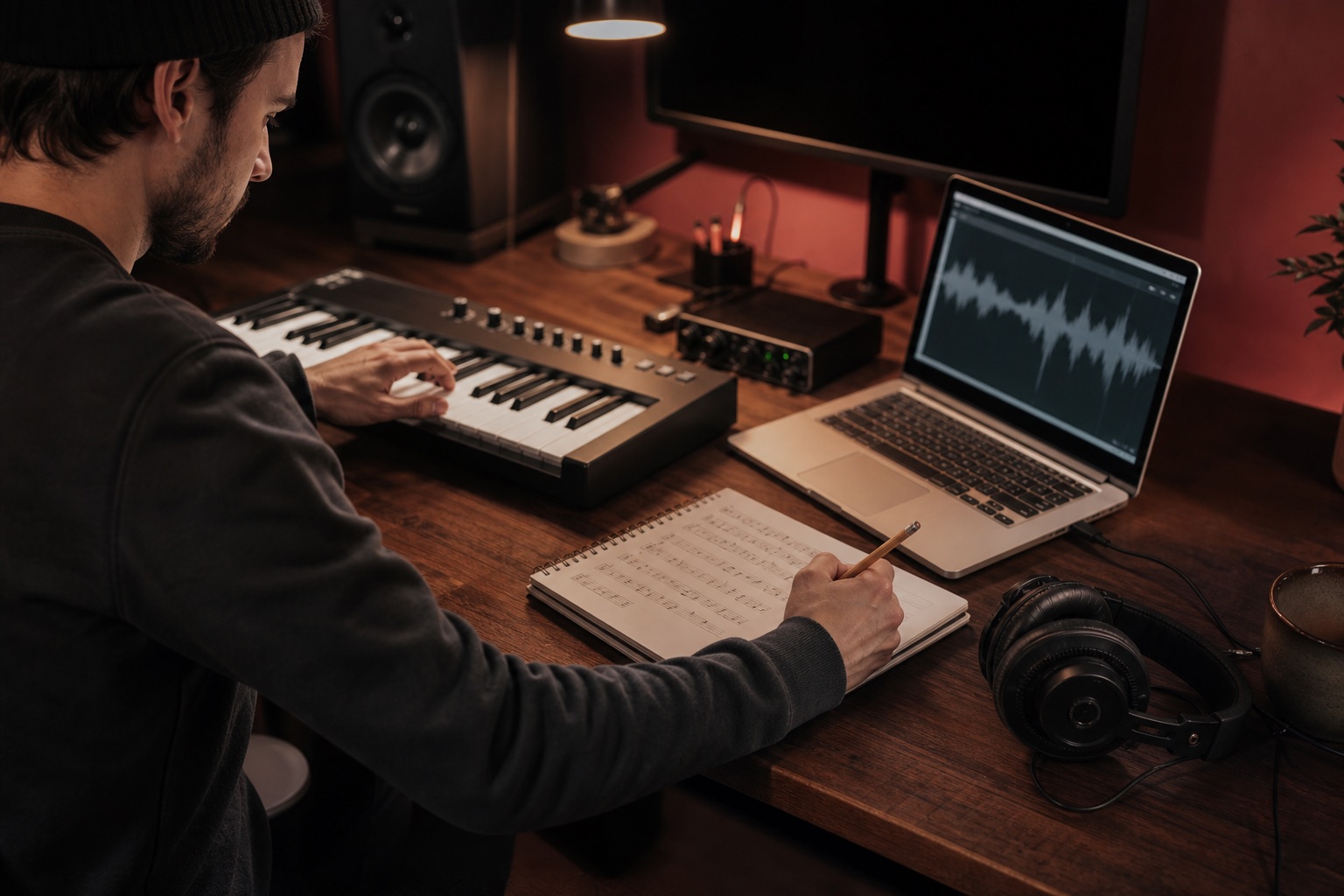 Musician transcribing a song with a MIDI keyboard, waveform, and handwritten notes